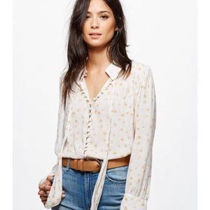Free People Modern Muse Top M Button Sash Tie Hi Lo Long Sleeve Loose Pleated